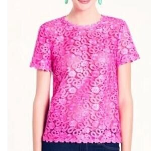 Kate Spade Barbie Pink Crochet Lace Lettuce Hem Sheer Feminine Blouse Size 4